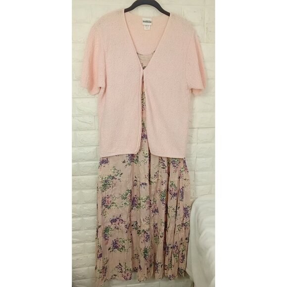 Vintage 90s 2-pc Set Floral Tank Dress & Cardigan Sweater Knit Blush Pink M/L - Picture 7 of 16